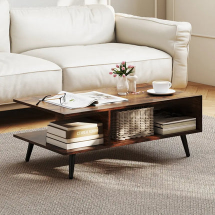 Mid Century Modern Rectangle Coffee Table 2-Tier Accent Table with 2 Open Compartments-Rustic Brown - Rustic Brown