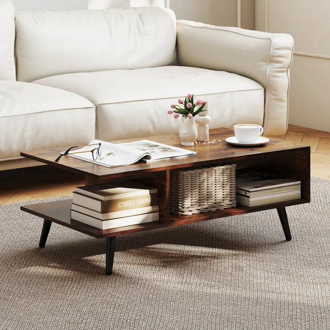 Mid Century Modern Rectangle Coffee Table 2-Tier Accent Table with 2 Open Compartments-Rustic Brown - Rustic Brown