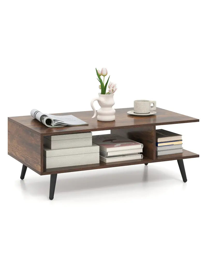 Mid Century Modern Rectangle Coffee Table 2-Tier Accent Table with 2 Open Compartments-Rustic Brown - Rustic Brown