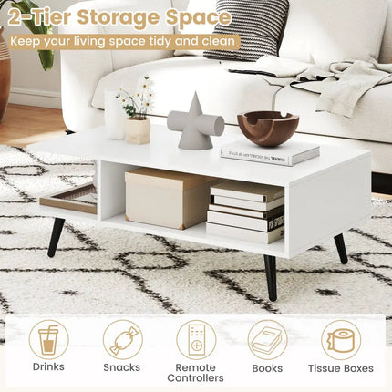 Mid Century Modern Rectangle Coffee Table 2-Tier Accent Table with 2 Open Compartments-White - White - Coffee Tables