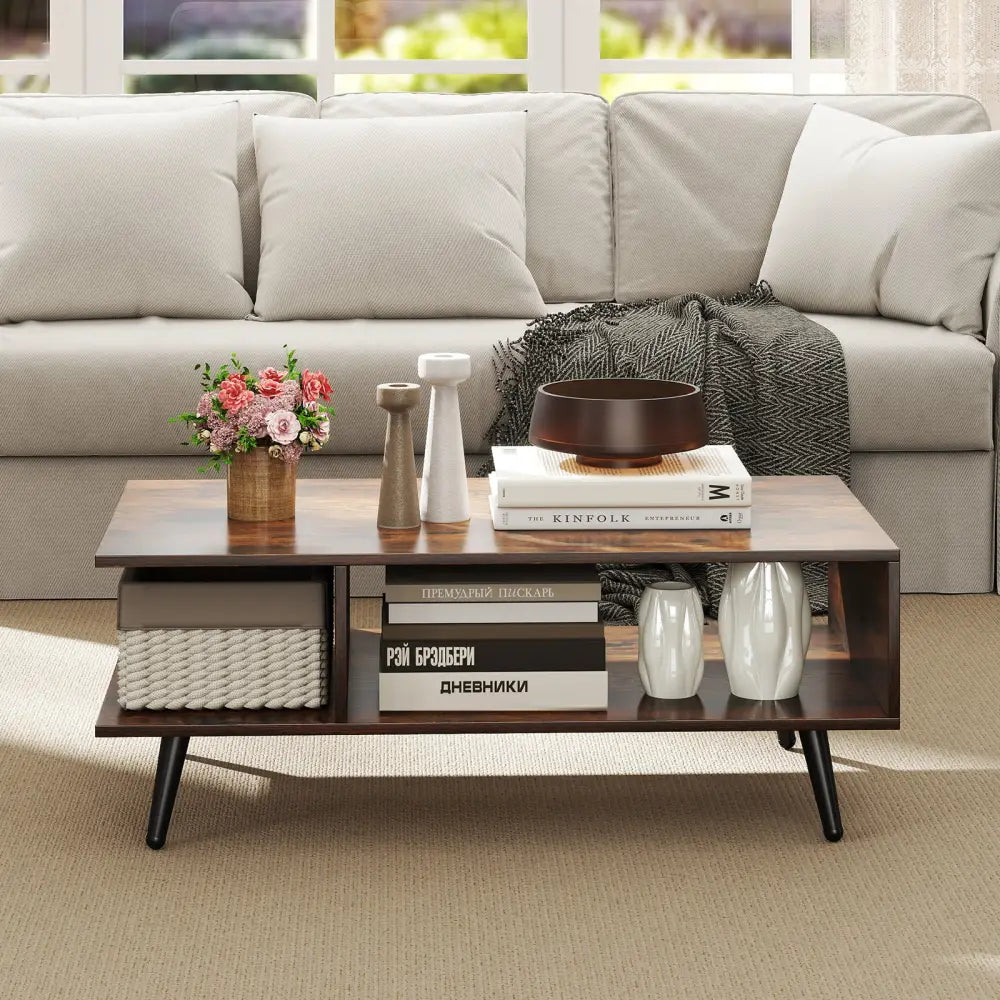 Mid Century Modern Rectangle Coffee Table 2-Tier Accent Table with 2 Open Compartments-Rustic Brown - Rustic Brown