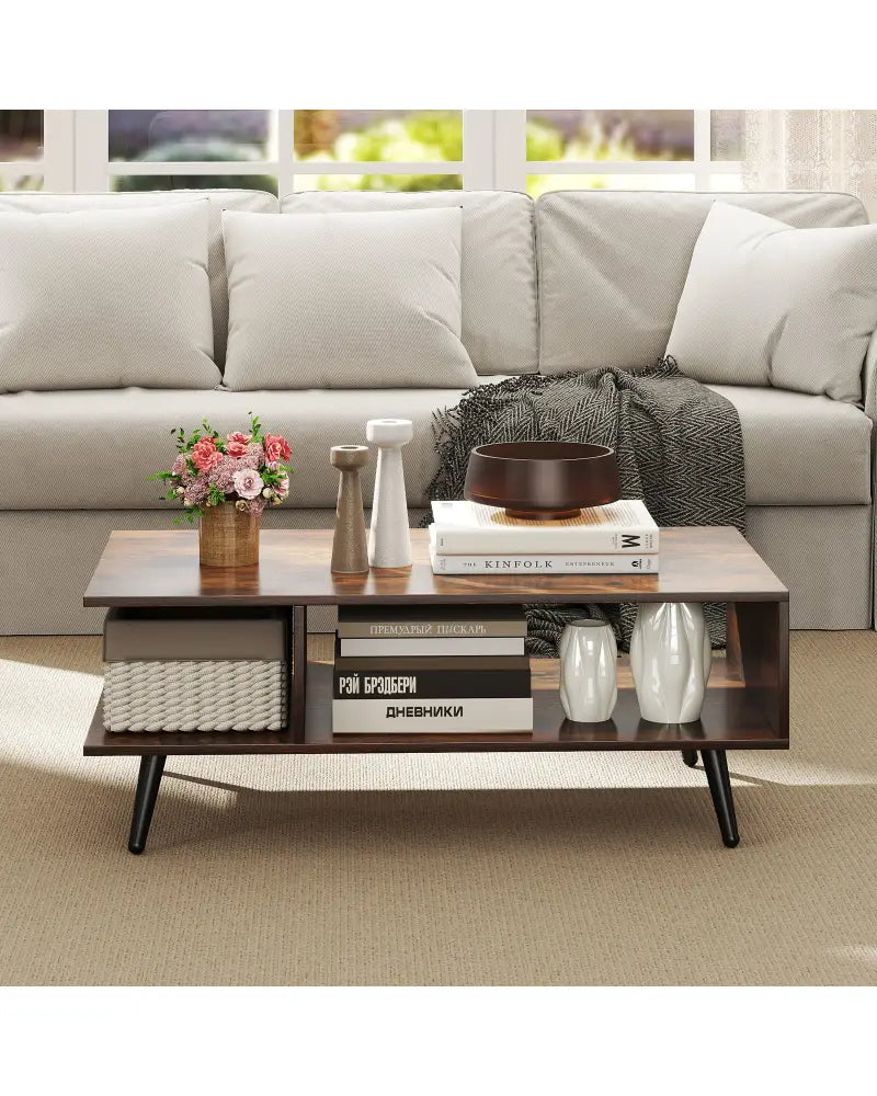 Mid Century Modern Rectangle Coffee Table 2-Tier Accent Table with 2 Open Compartments-Rustic Brown - Rustic Brown