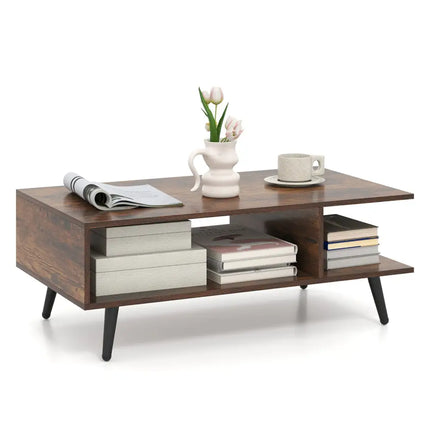 Mid Century Modern Rectangle Coffee Table 2-Tier Accent Table with 2 Open Compartments-Rustic Brown - Rustic Brown