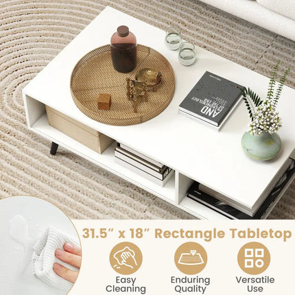 Mid Century Modern Rectangle Coffee Table 2-Tier Accent Table with 2 Open Compartments-White - White - Coffee Tables