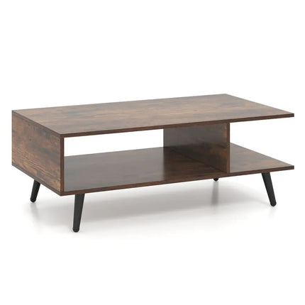 Mid Century Modern Rectangle Coffee Table 2-Tier Accent Table with 2 Open Compartments-Rustic Brown - Rustic Brown