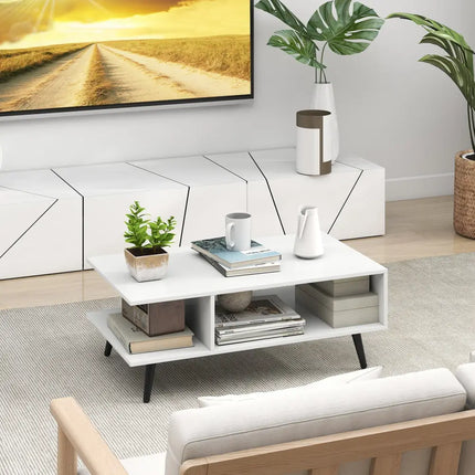 Mid Century Modern Rectangle Coffee Table 2-Tier Accent Table with 2 Open Compartments-White - White - Coffee Tables