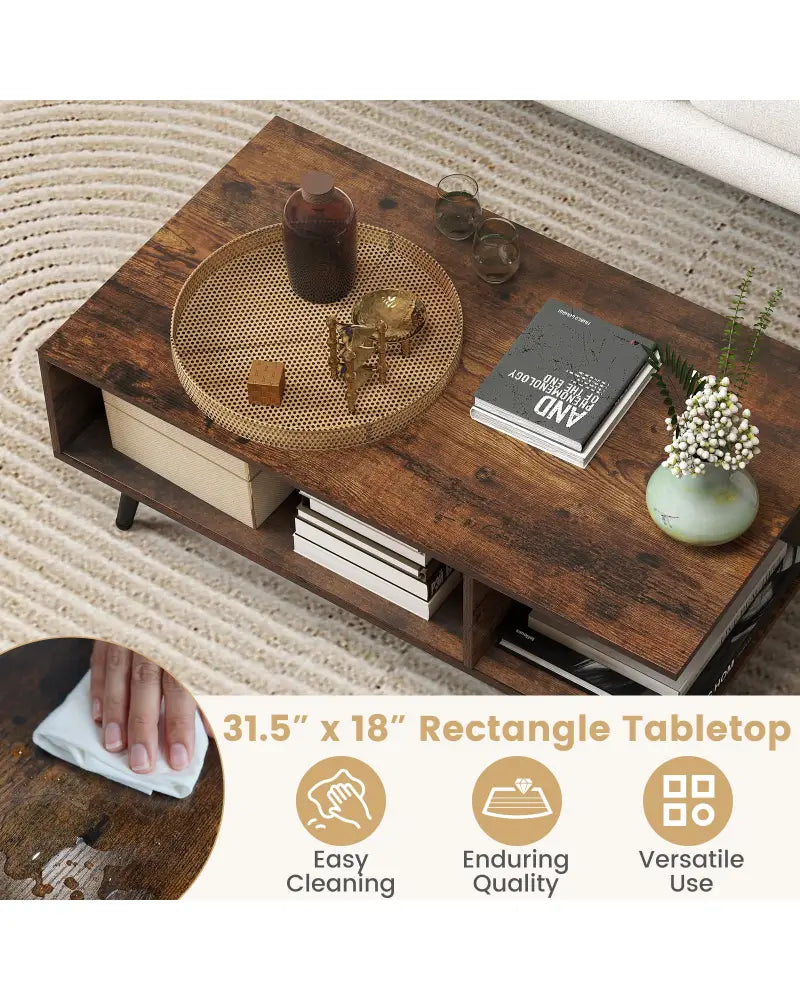 Mid Century Modern Rectangle Coffee Table 2-Tier Accent Table with 2 Open Compartments-Rustic Brown - Rustic Brown