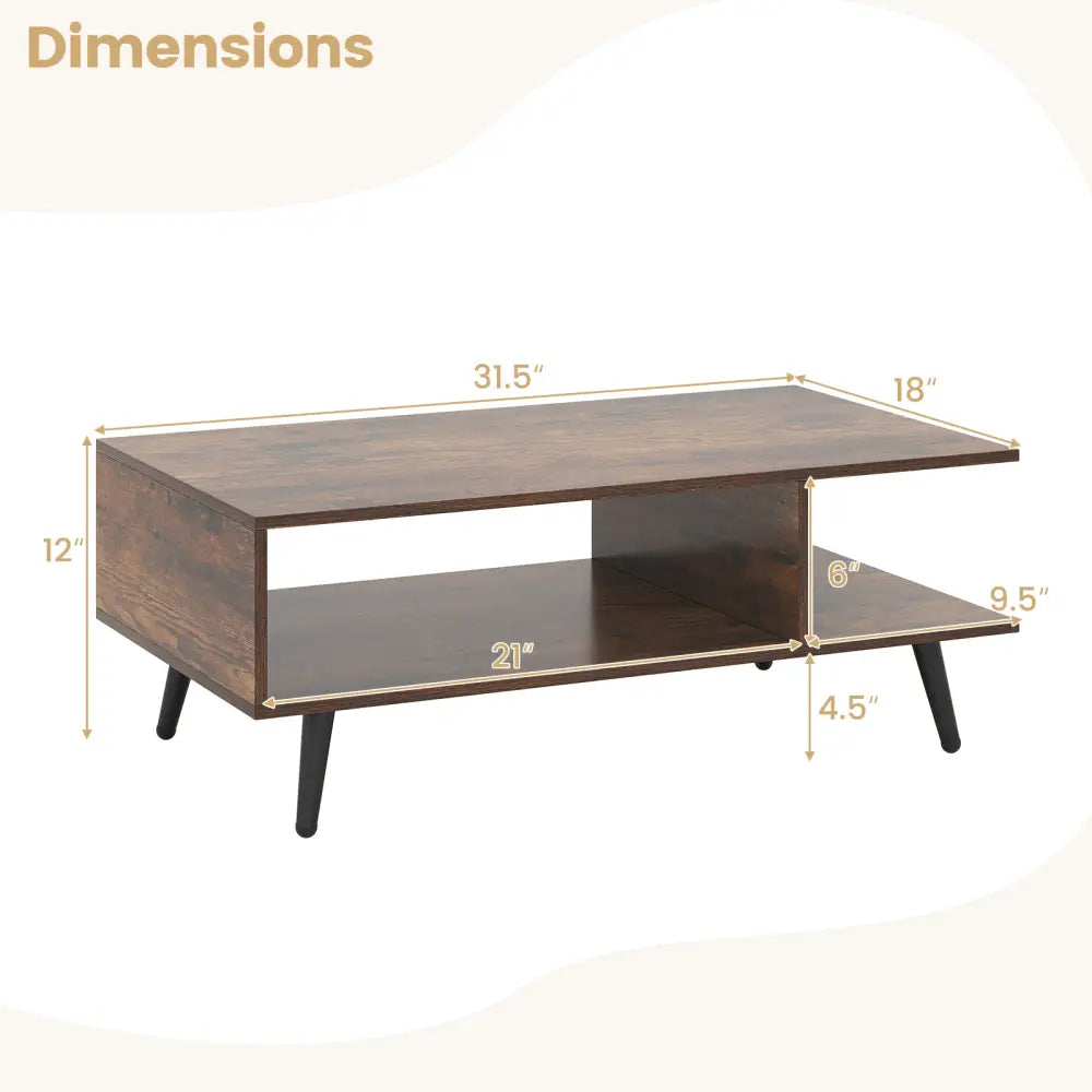 Mid Century Modern Rectangle Coffee Table 2-Tier Accent Table with 2 Open Compartments-Rustic Brown - Rustic Brown