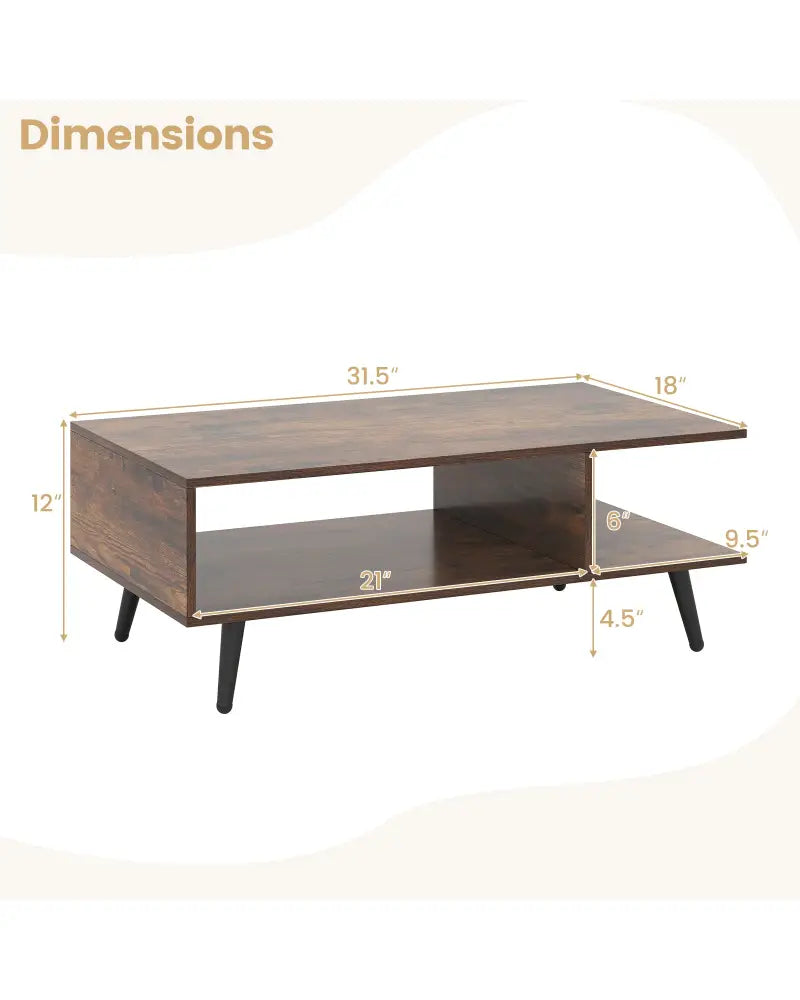 Mid Century Modern Rectangle Coffee Table 2-Tier Accent Table with 2 Open Compartments-Rustic Brown - Rustic Brown