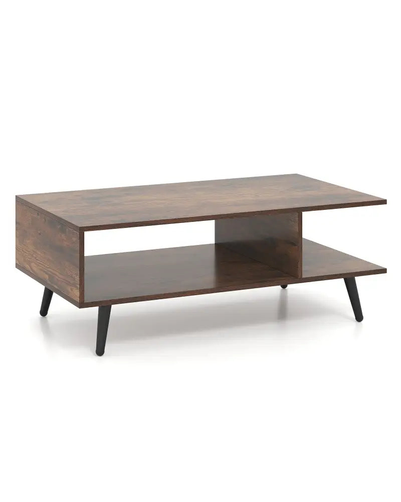 Mid Century Modern Rectangle Coffee Table 2-Tier Accent Table with 2 Open Compartments-Rustic Brown - Rustic Brown