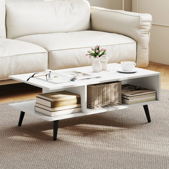 Mid Century Modern Rectangle Coffee Table 2-Tier Accent Table with 2 Open Compartments-White - White - Coffee Tables