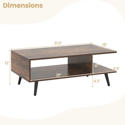 Mid Century Modern Rectangle Coffee Table 2-Tier Accent Table with 2 Open Compartments-Rustic Brown - Rustic Brown
