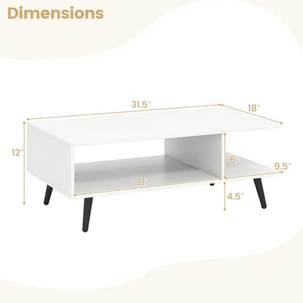 Mid Century Modern Rectangle Coffee Table 2-Tier Accent Table with 2 Open Compartments-White - White - Coffee Tables