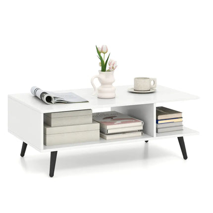 Mid Century Modern Rectangle Coffee Table 2-Tier Accent Table with 2 Open Compartments-White - White - Coffee Tables