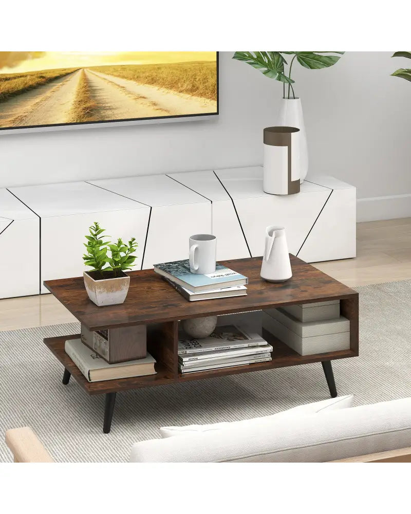 Mid Century Modern Rectangle Coffee Table 2-Tier Accent Table with 2 Open Compartments-Rustic Brown - Rustic Brown