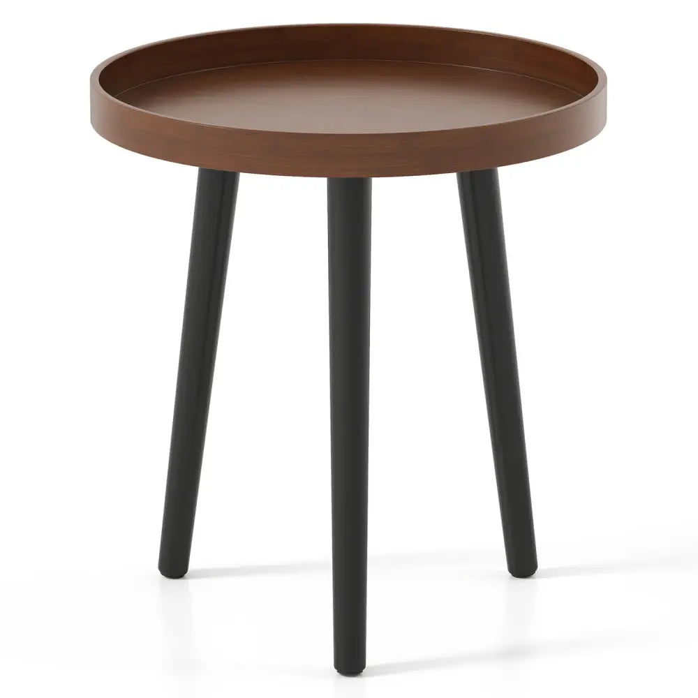 Mid Century Modern Round Side Sofa Coffee Table with Wooden Tray-Brown - Brown - Coffee Tables