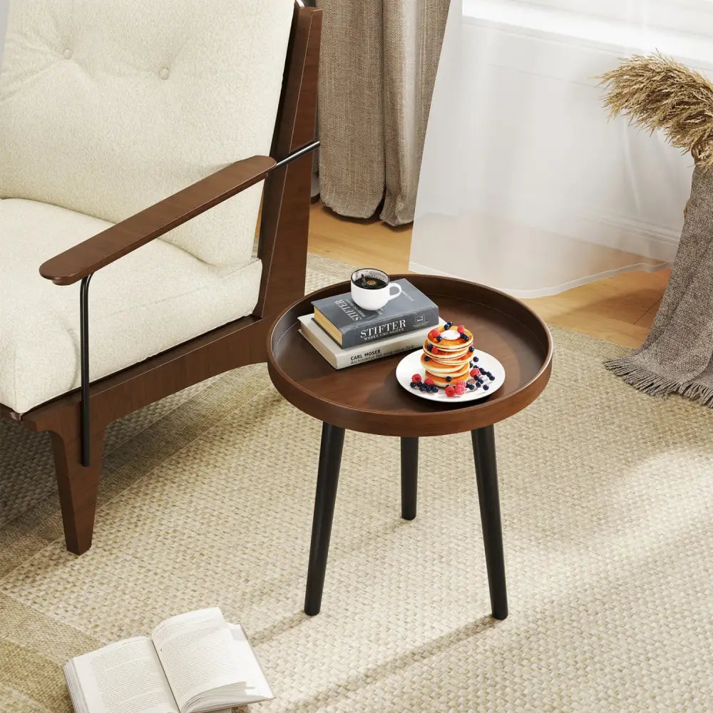 Mid Century Modern Round Side Sofa Coffee Table with Wooden Tray-Brown - Brown - Coffee Tables