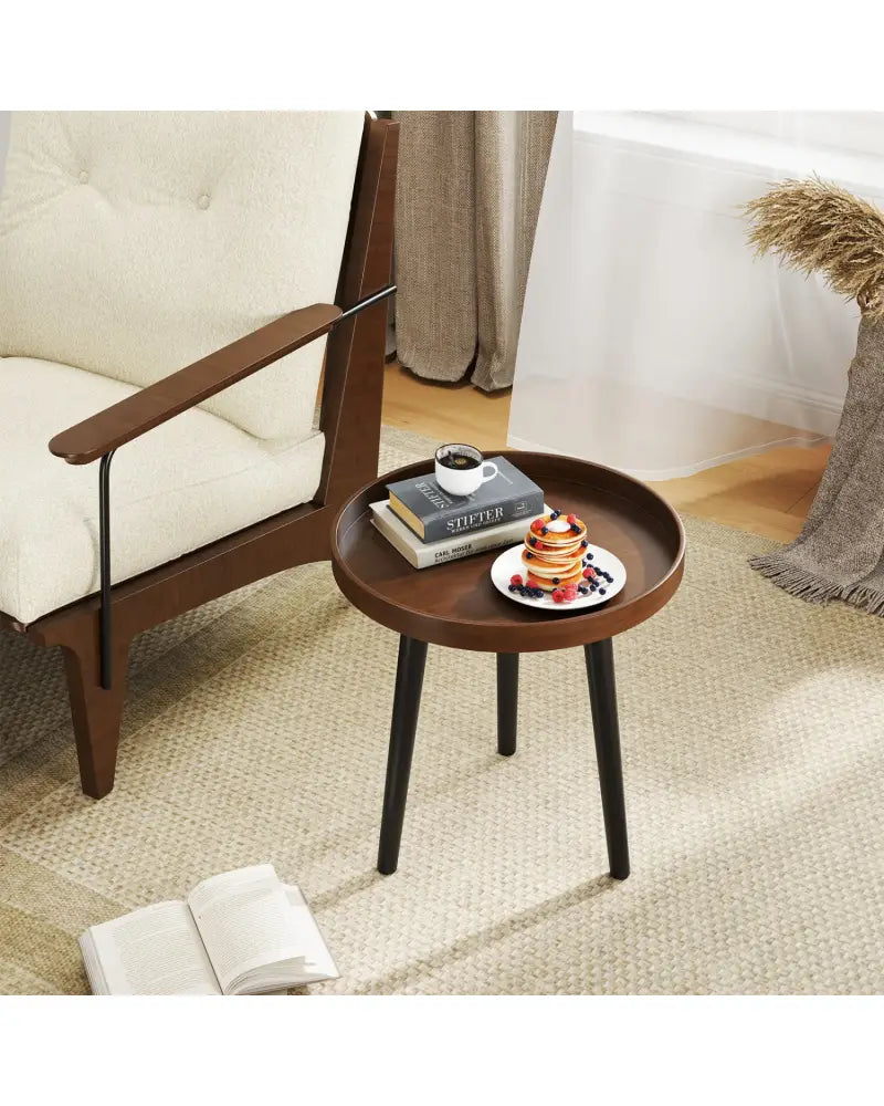 Mid Century Modern Round Side Sofa Coffee Table with Wooden Tray-Brown - Brown - Coffee Tables