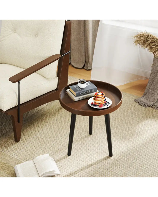 Mid Century Modern Round Side Sofa Coffee Table with Wooden Tray-Brown - Brown - Coffee Tables