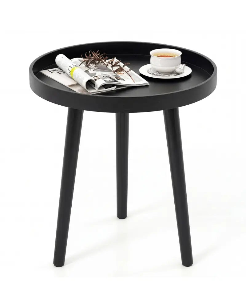 Mid Century Modern Round Side Sofa Coffee Table with Wooden Tray-Black - Black - Coffee Tables