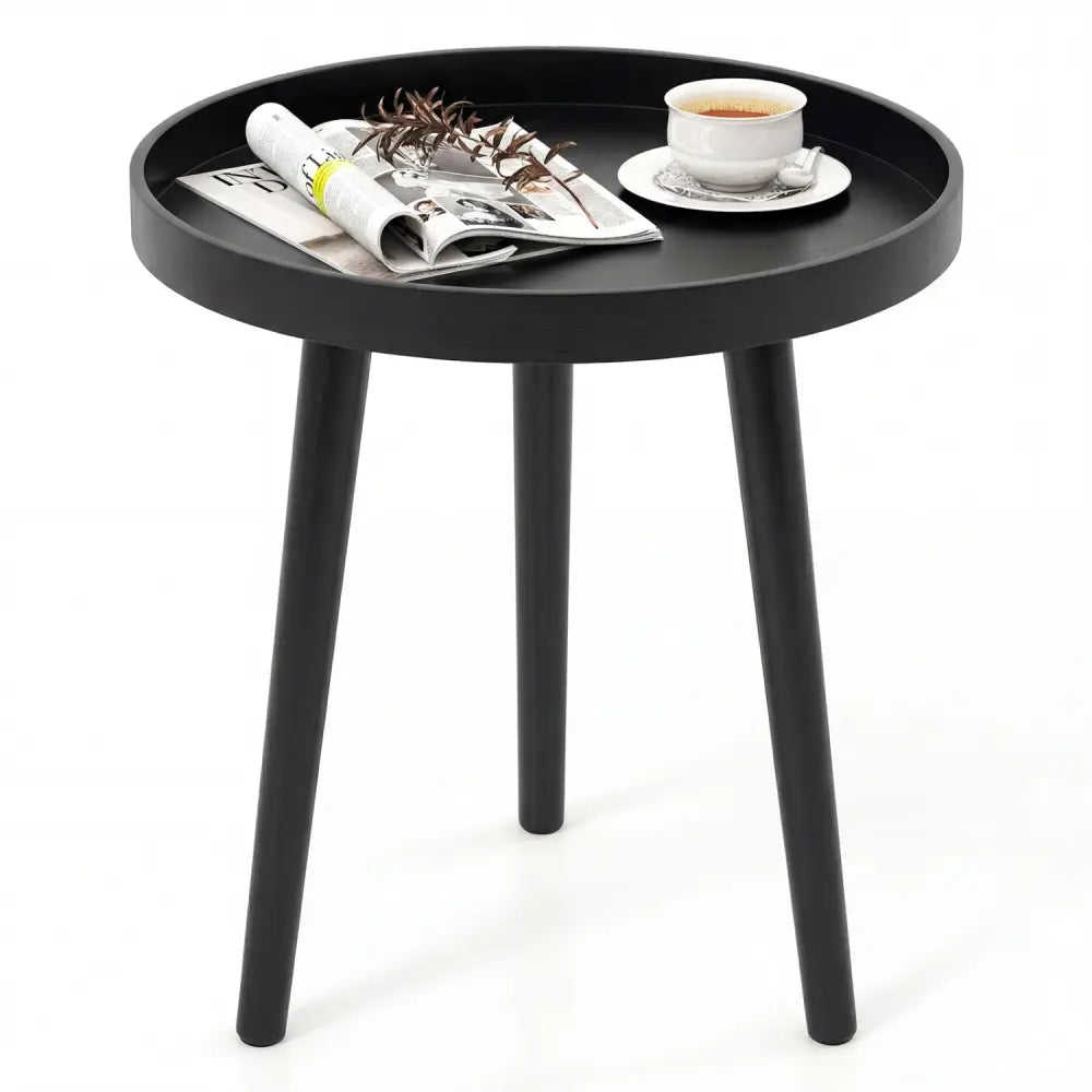 Mid Century Modern Round Side Sofa Coffee Table with Wooden Tray-Black - Black - Coffee Tables