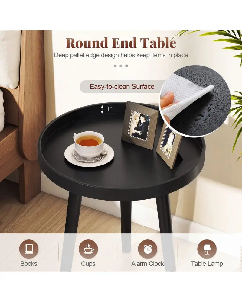 Mid Century Modern Round Side Sofa Coffee Table with Wooden Tray-Black - Black - Coffee Tables