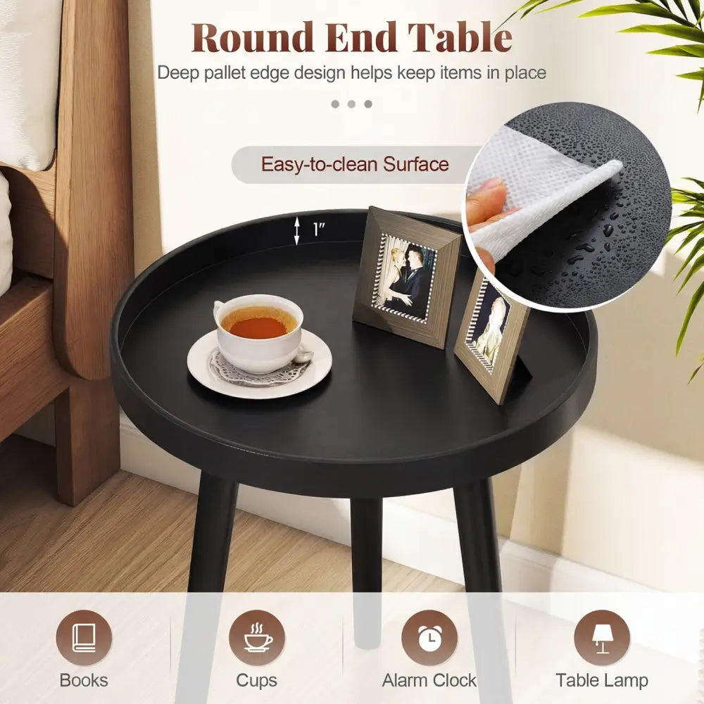Mid Century Modern Round Side Sofa Coffee Table with Wooden Tray-Black - Black - Coffee Tables