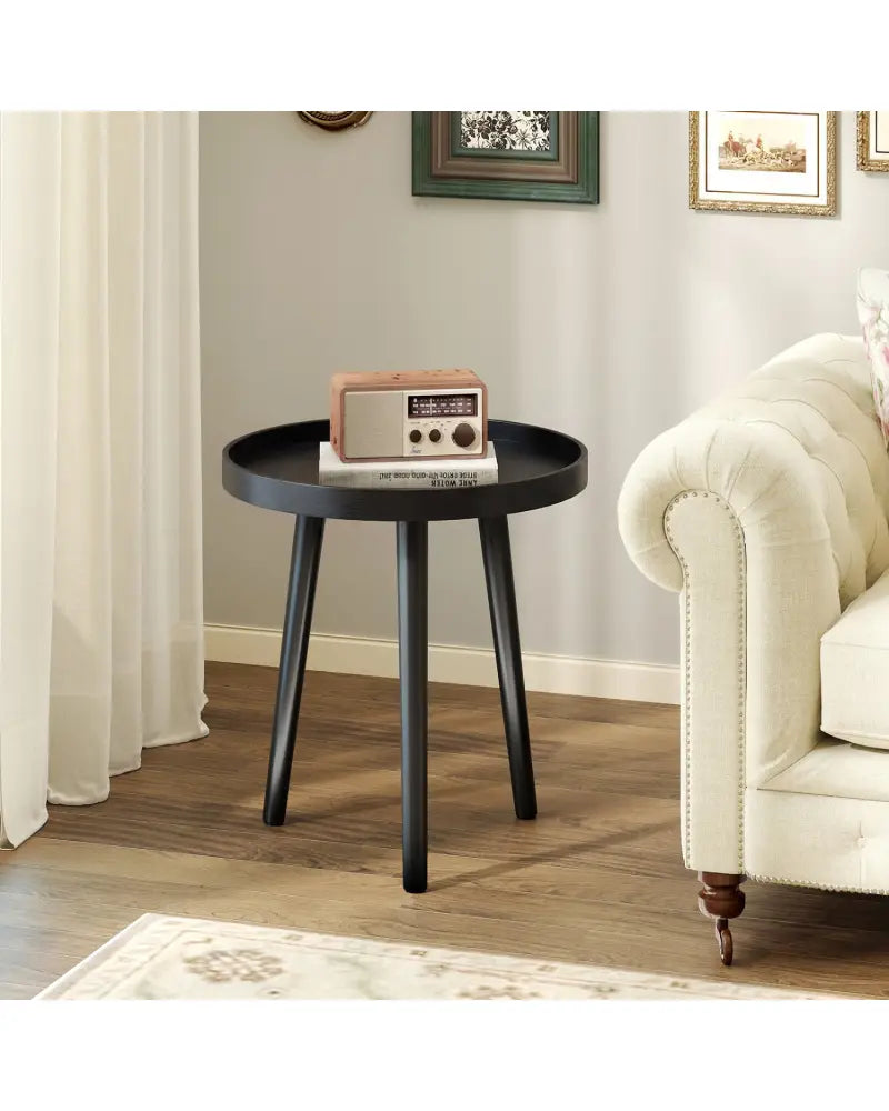 Mid Century Modern Round Side Sofa Coffee Table with Wooden Tray-Black - Black - Coffee Tables