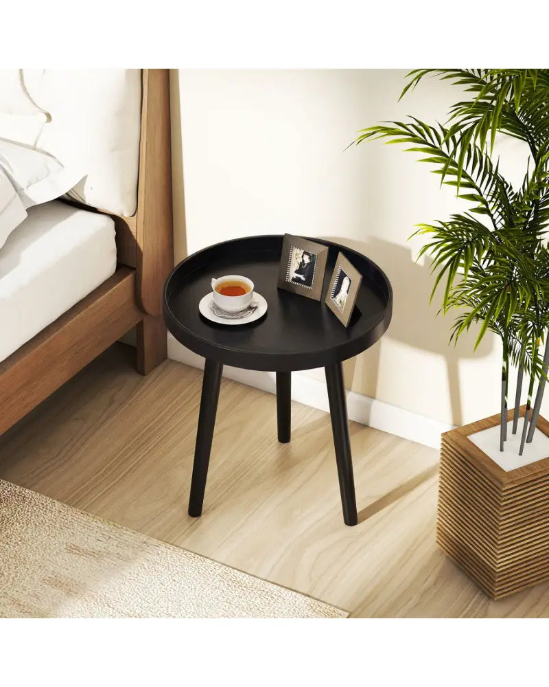Mid Century Modern Round Side Sofa Coffee Table with Wooden Tray-Black - Black - Coffee Tables