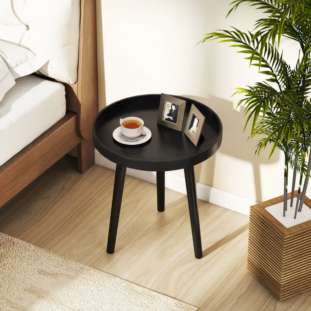 Mid Century Modern Round Side Sofa Coffee Table with Wooden Tray-Black - Black - Coffee Tables