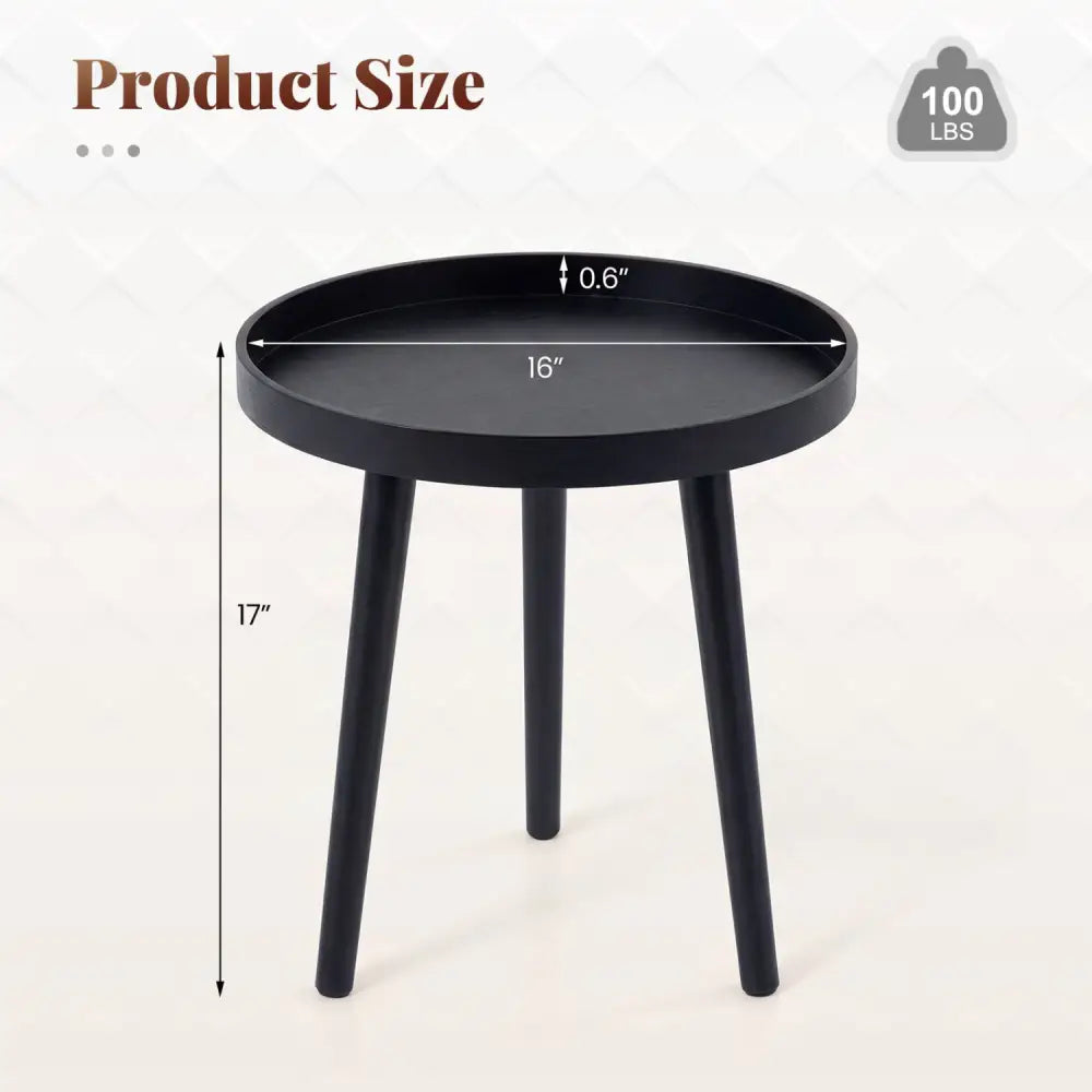 Mid Century Modern Round Side Sofa Coffee Table with Wooden Tray-Black - Black - Coffee Tables