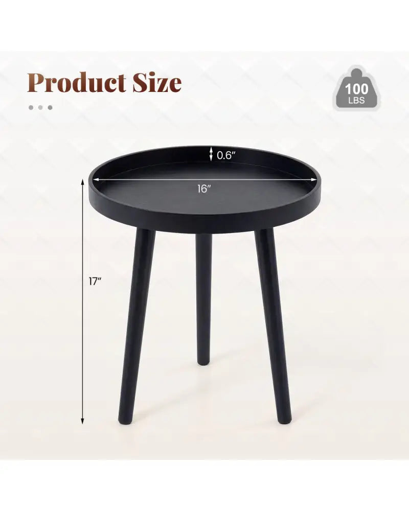 Mid Century Modern Round Side Sofa Coffee Table with Wooden Tray-Black - Black - Coffee Tables