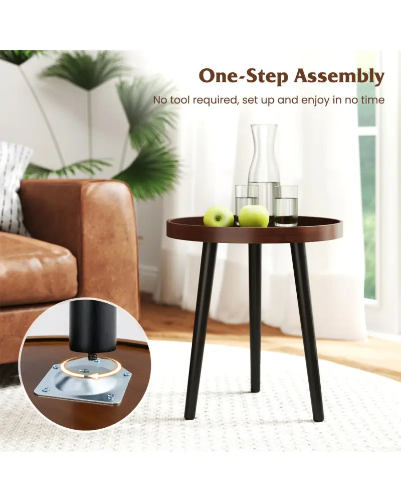 Mid Century Modern Round Side Sofa Coffee Table with Wooden Tray-Brown - Brown - Coffee Tables
