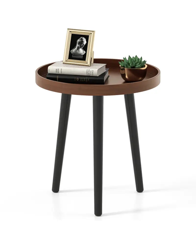 Mid Century Modern Round Side Sofa Coffee Table with Wooden Tray-Brown - Brown - Coffee Tables