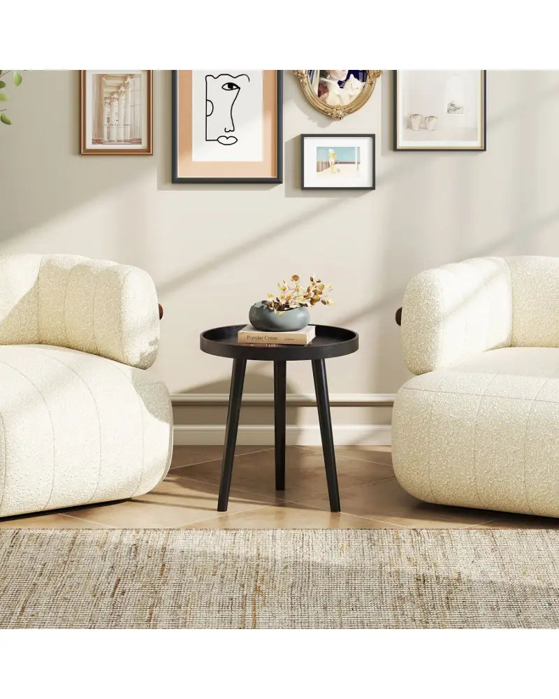 Mid Century Modern Round Side Sofa Coffee Table with Wooden Tray-Black - Black - Coffee Tables