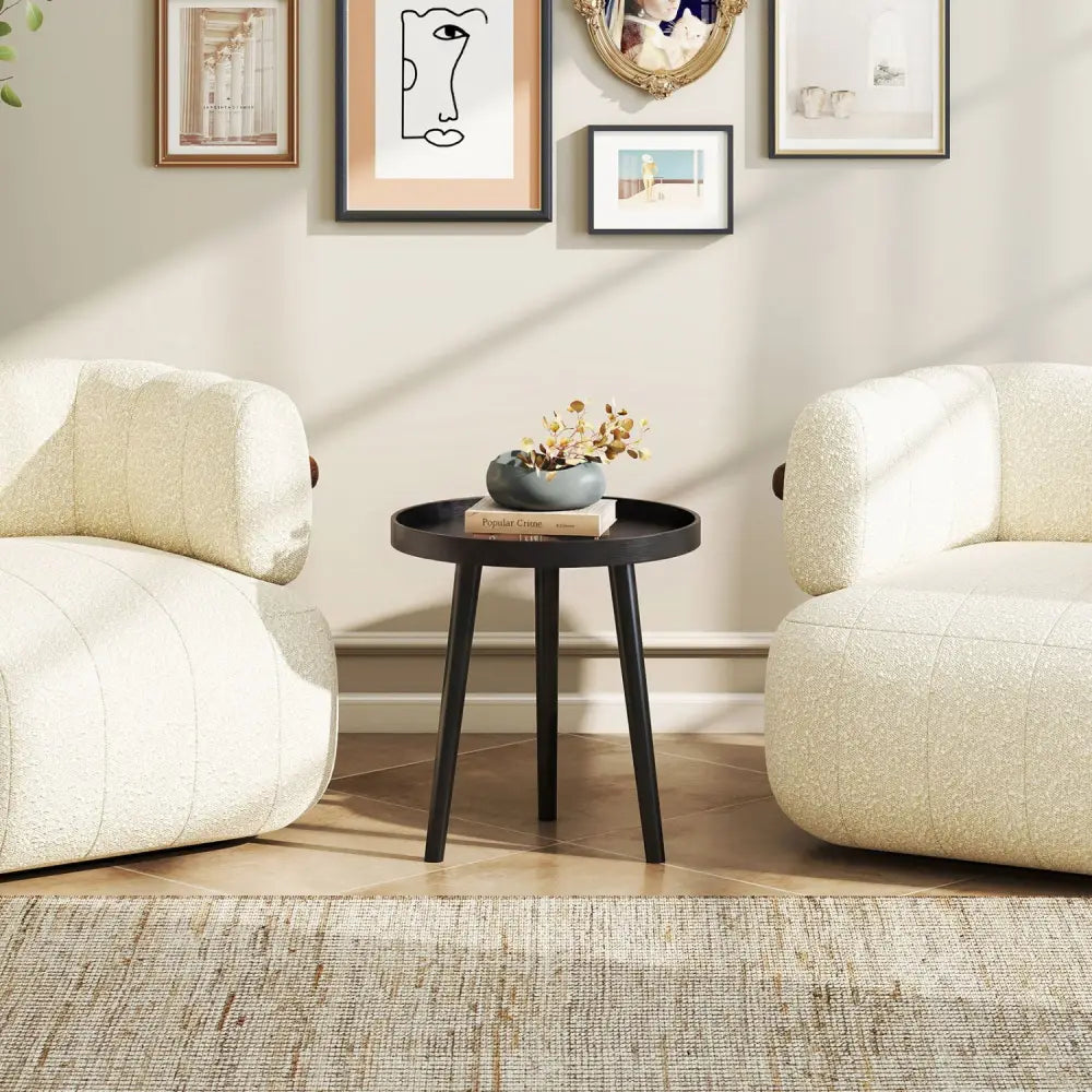 Mid Century Modern Round Side Sofa Coffee Table with Wooden Tray-Black - Black - Coffee Tables