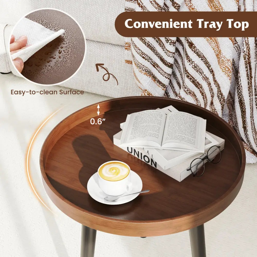 Mid Century Modern Round Side Sofa Coffee Table with Wooden Tray-Brown - Brown - Coffee Tables