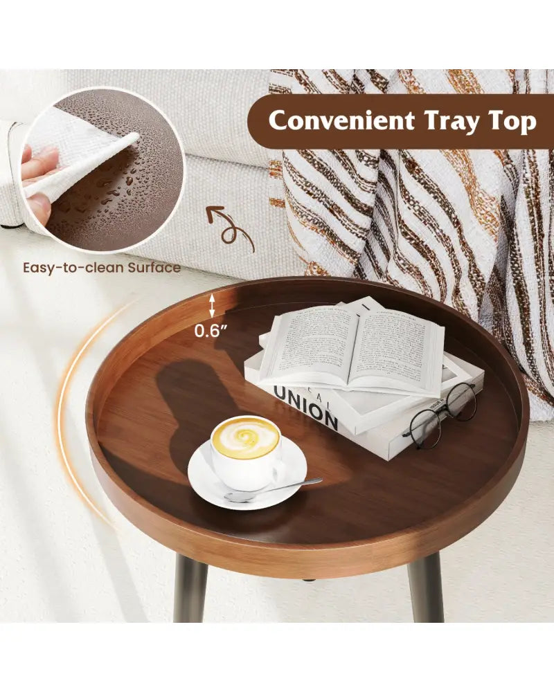 Mid Century Modern Round Side Sofa Coffee Table with Wooden Tray-Brown - Brown - Coffee Tables
