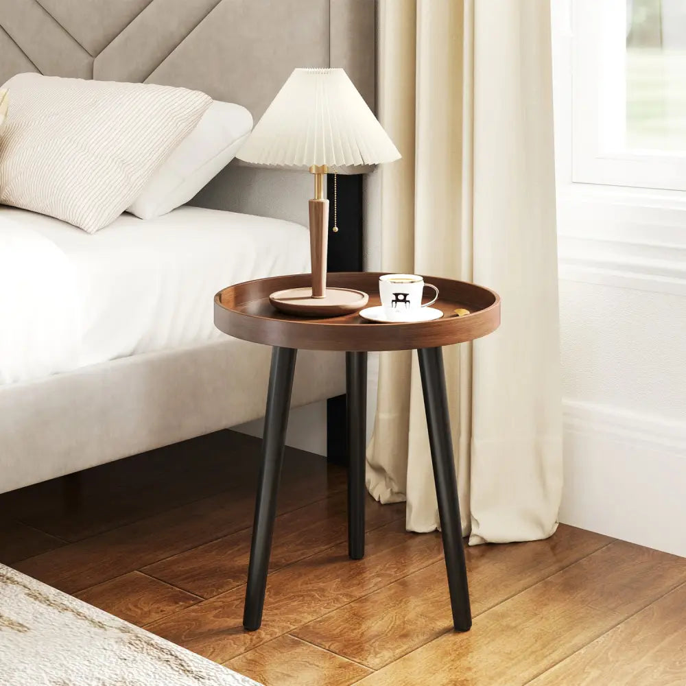Mid Century Modern Round Side Sofa Coffee Table with Wooden Tray-Brown - Brown - Coffee Tables