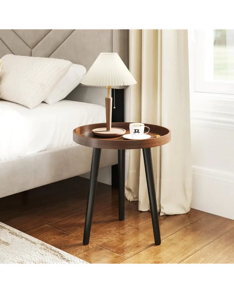 Mid Century Modern Round Side Sofa Coffee Table with Wooden Tray-Brown - Brown - Coffee Tables