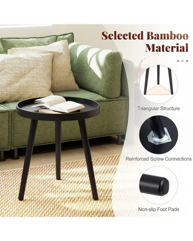 Mid Century Modern Round Side Sofa Coffee Table with Wooden Tray-Black - Black - Coffee Tables