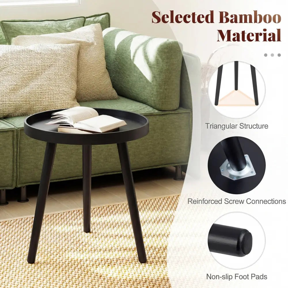 Mid Century Modern Round Side Sofa Coffee Table with Wooden Tray-Black - Black - Coffee Tables