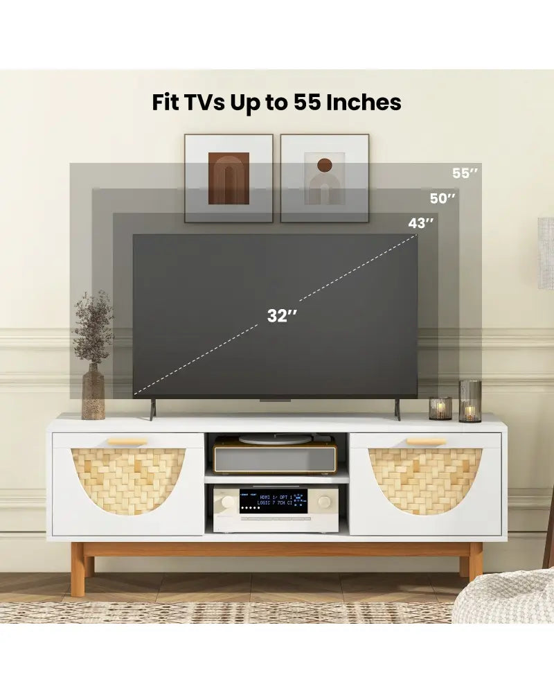 Mid Century Modern TV Stand Entertainment Center for 55-Inch TV with 2 Drawers and Bamboo Woven Fronts-White - White