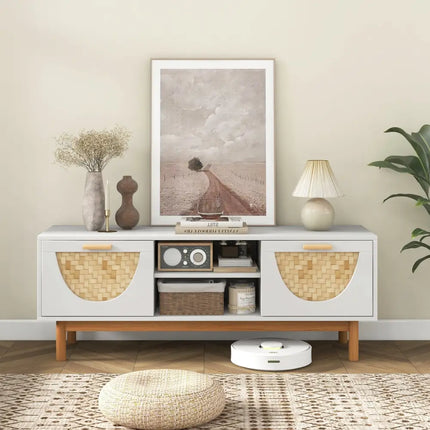Mid Century Modern TV Stand Entertainment Center for 55-Inch TV with 2 Drawers and Bamboo Woven Fronts-White - White