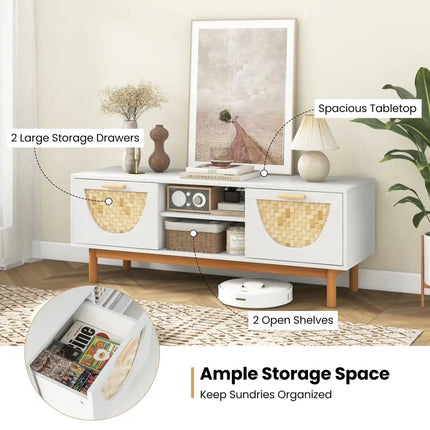Mid Century Modern TV Stand Entertainment Center for 55-Inch TV with 2 Drawers and Bamboo Woven Fronts-White - White
