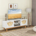 Mid Century Modern TV Stand Entertainment Center for 55-Inch TV with 2 Drawers and Bamboo Woven Fronts-White - White