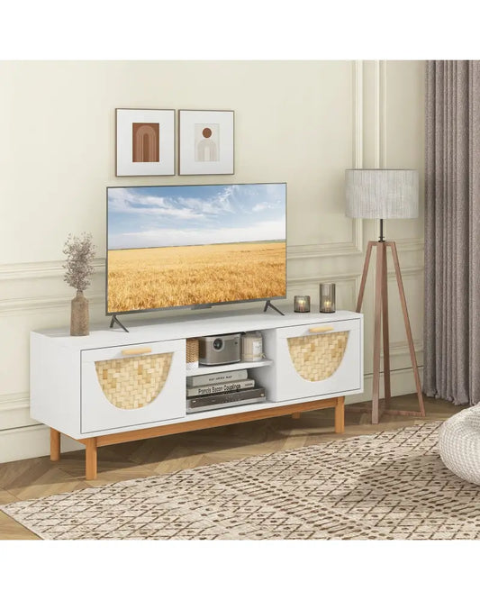 Mid Century Modern TV Stand Entertainment Center for 55-Inch TV with 2 Drawers and Bamboo Woven Fronts-White - White