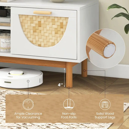 Mid Century Modern TV Stand Entertainment Center for 55-Inch TV with 2 Drawers and Bamboo Woven Fronts-White - White