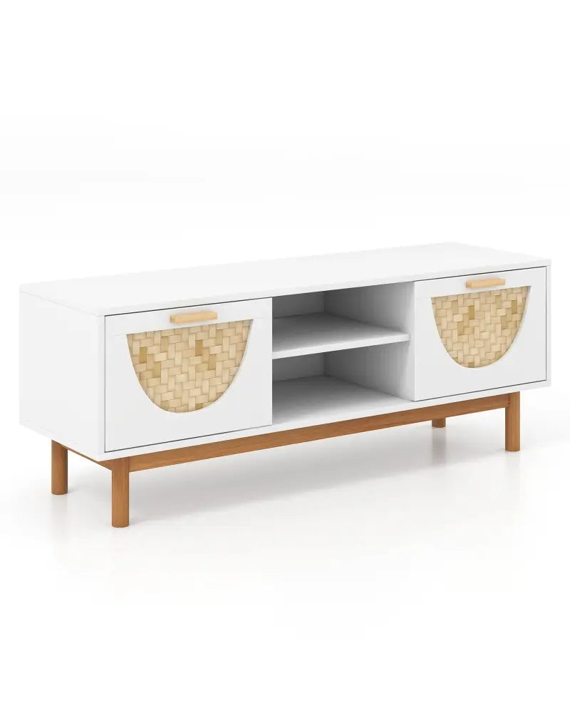 Mid Century Modern TV Stand Entertainment Center for 55-Inch TV with 2 Drawers and Bamboo Woven Fronts-White - White