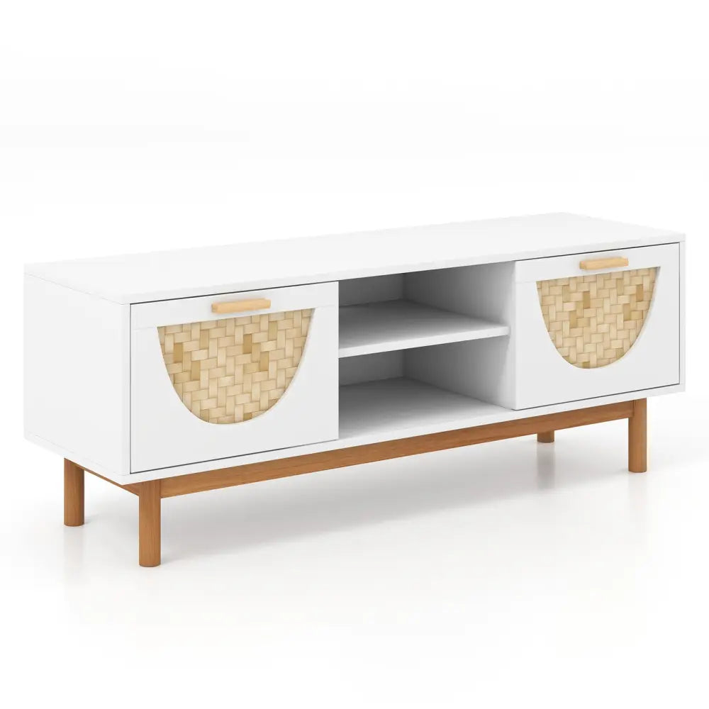 Mid Century Modern TV Stand Entertainment Center for 55-Inch TV with 2 Drawers and Bamboo Woven Fronts-White - White